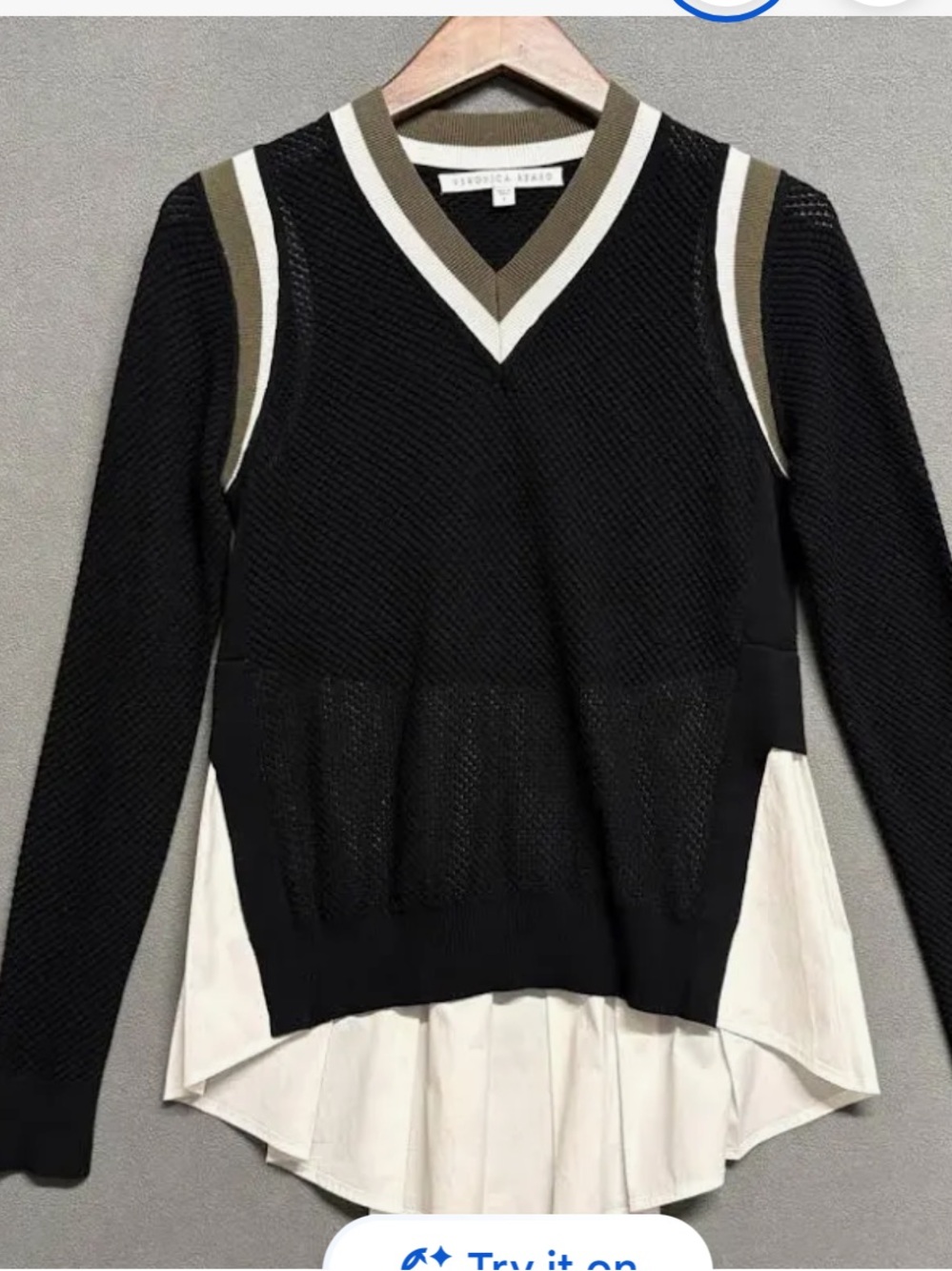 Veronica Beard Black and White Layered Peplum V-Neck Sweater